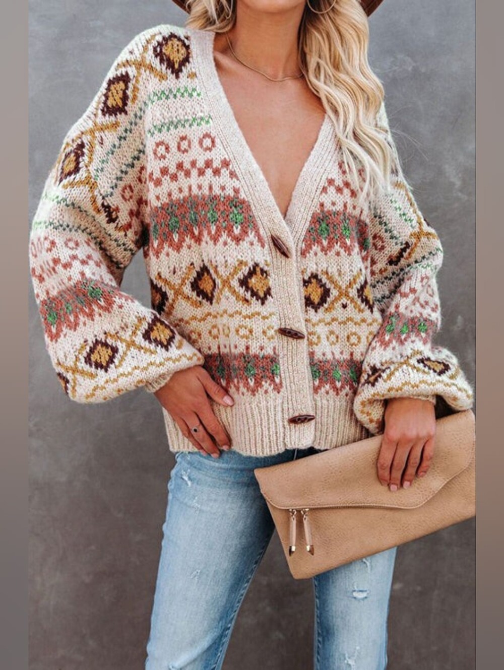 Boho Chic Soft And Cozy Cream V-Neck Button Up Knitted Sweater - Picture 3 of 3